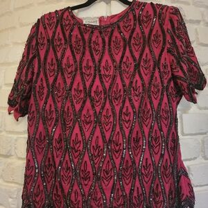 Vintage Stenay Wine And Black Beaded 100% Silk Top